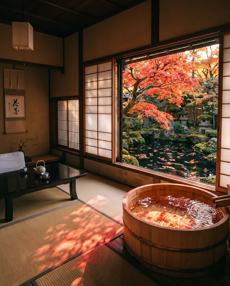 A ryokan room with a cedar tub and a red maple framed by the window