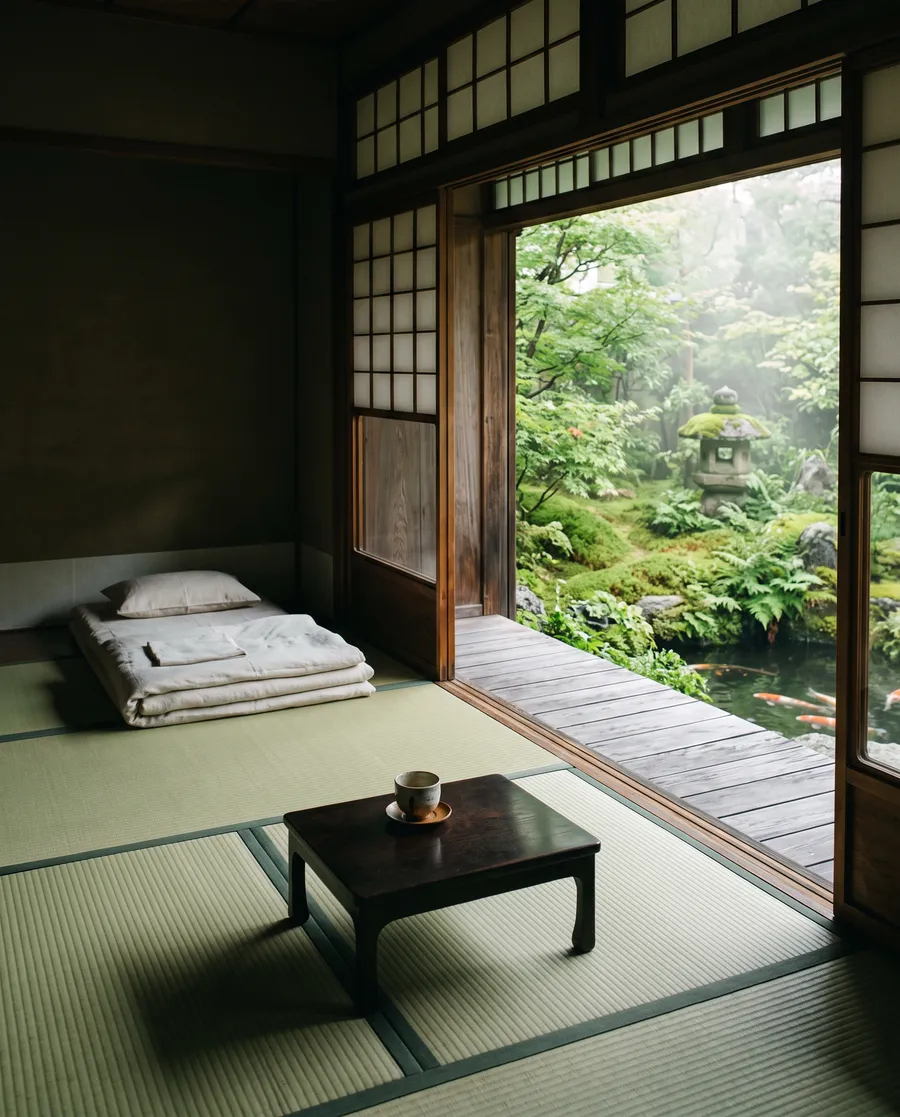 A tatami room with shoji open onto a moss garden and the edge of the pond